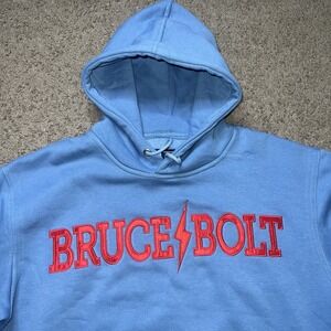 Bruce Bolt Hoodie Mens Large Blue Lightning Spellout Fleece Pullover Baseball